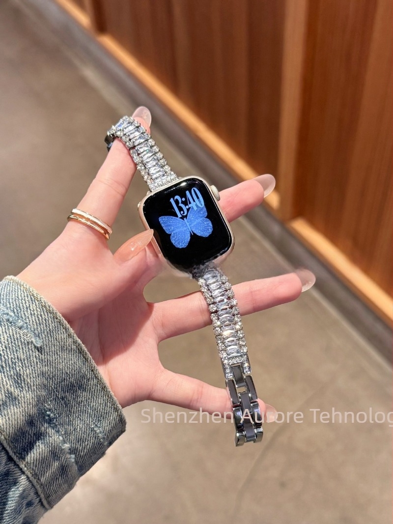 Brățară de ceas din lanț metalic, trei rânduri de diamante, aliaj + rhinestones, cataramă cu știft, pentru Apple, Garmin, Huawei