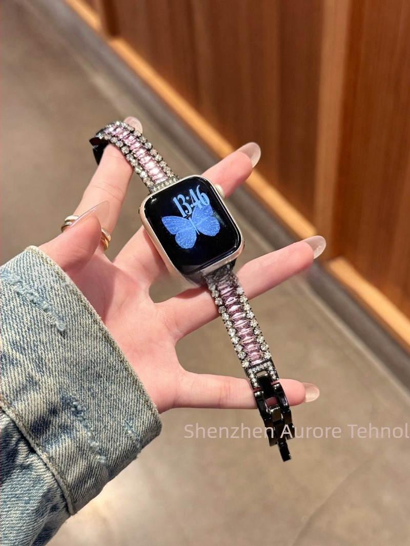 Brățară de ceas din lanț metalic, trei rânduri de diamante, aliaj + rhinestones, cataramă cu știft, pentru Apple, Garmin, Huawei