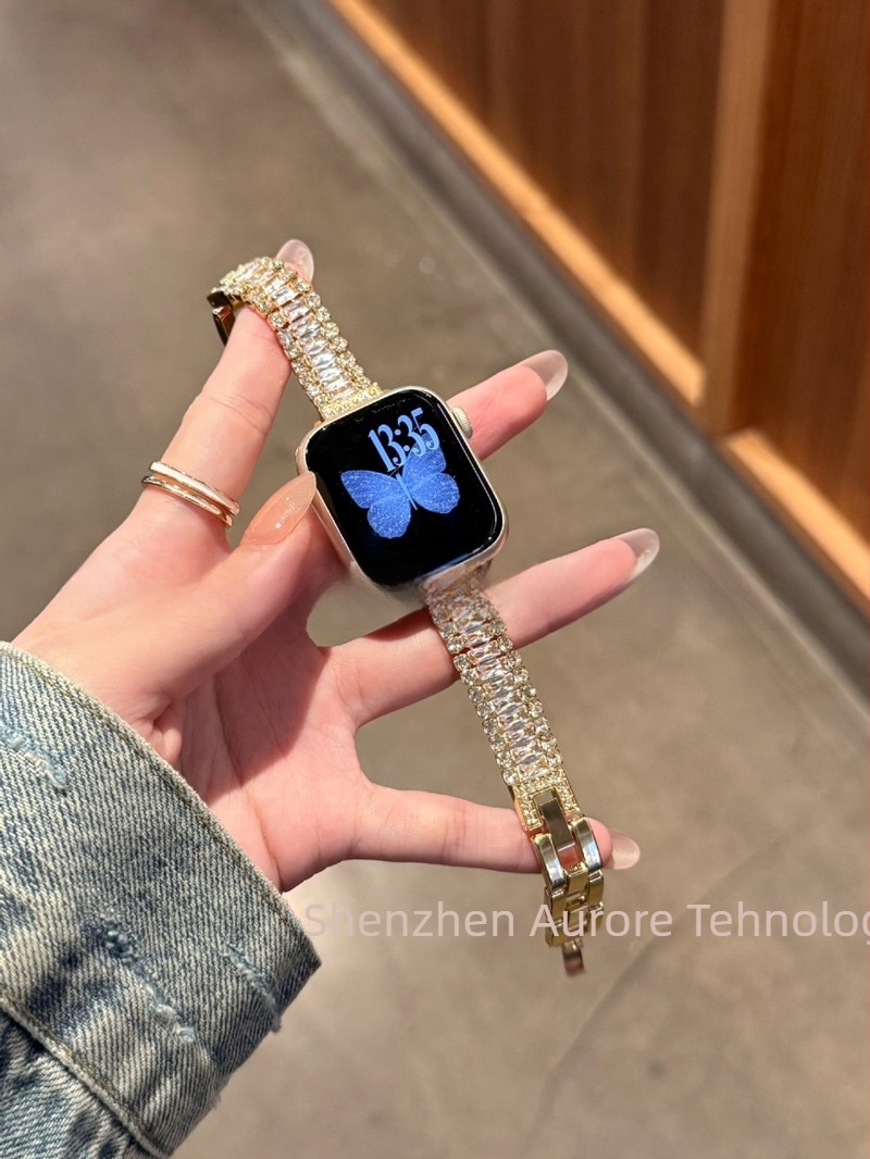 Brățară de ceas din lanț metalic, trei rânduri de diamante, aliaj + rhinestones, cataramă cu știft, pentru Apple, Garmin, Huawei