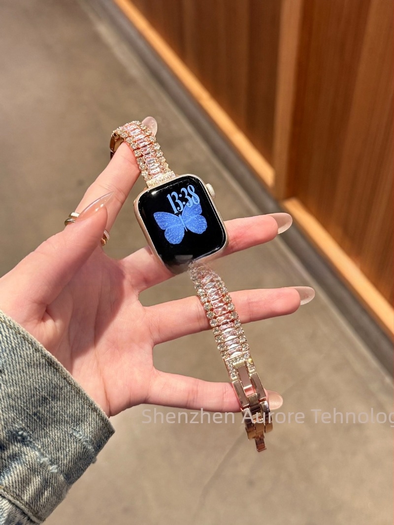 Brățară de ceas din lanț metalic, trei rânduri de diamante, aliaj + rhinestones, cataramă cu știft, pentru Apple, Garmin, Huawei