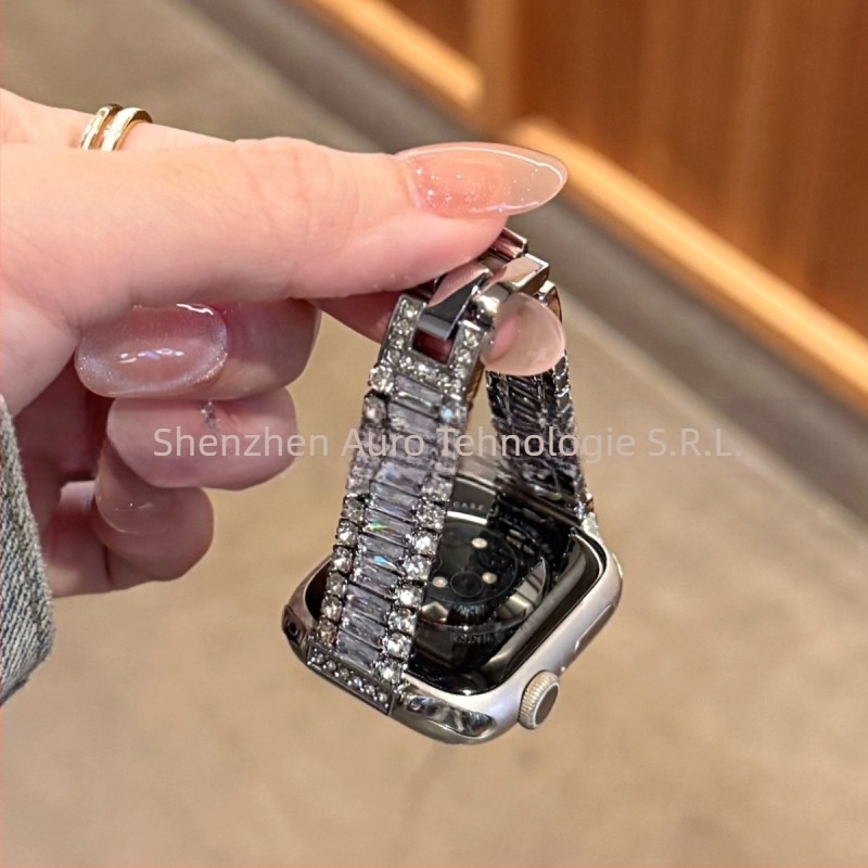 Brățară de ceas din lanț metalic, trei rânduri de diamante, aliaj + rhinestones, cataramă cu știft, pentru Apple, Garmin, Huawei