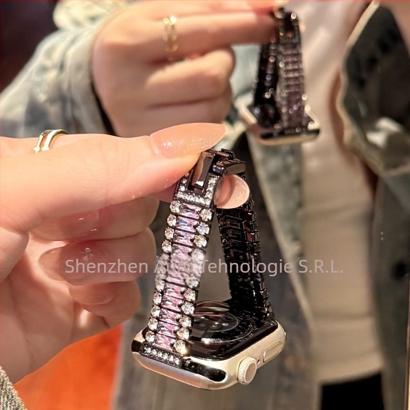 Brățară de ceas din lanț metalic, trei rânduri de diamante, aliaj + rhinestones, cataramă cu știft, pentru Apple, Garmin, Huawei
