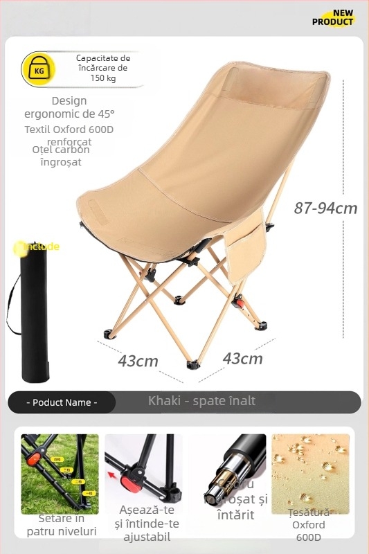 Moon Chair - scaun pliabil exterior, cadru din oțel cu carbon, spate reglabil în patru poziții, pernă din bumbac, pentru camping și plajă, portabil