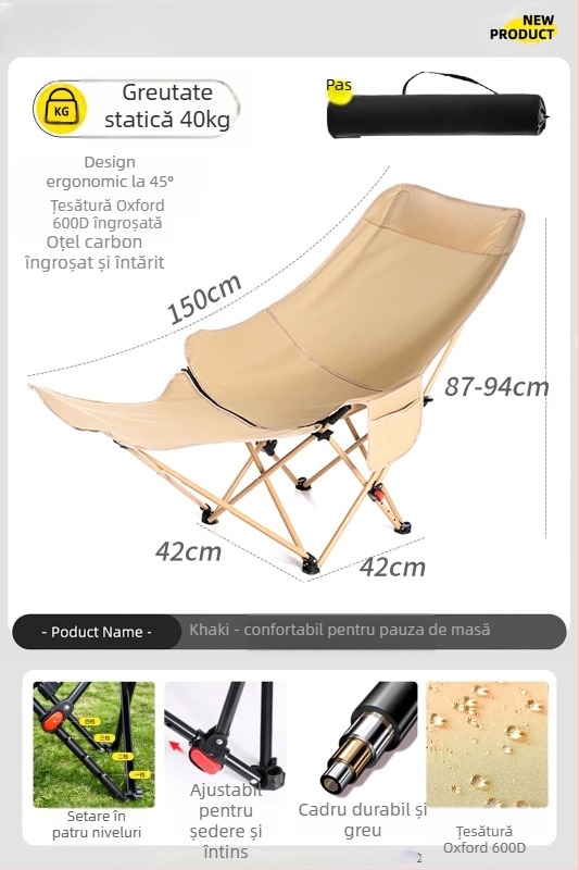 Moon Chair - scaun pliabil exterior, cadru din oțel cu carbon, spate reglabil în patru poziții, pernă din bumbac, pentru camping și plajă, portabil