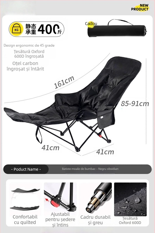 Moon Chair - scaun pliabil exterior, cadru din oțel cu carbon, spate reglabil în patru poziții, pernă din bumbac, pentru camping și plajă, portabil
