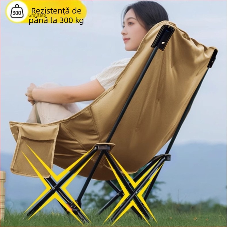 Moon Chair - scaun pliabil exterior, cadru din oțel cu carbon, spate reglabil în patru poziții, pernă din bumbac, pentru camping și plajă, portabil