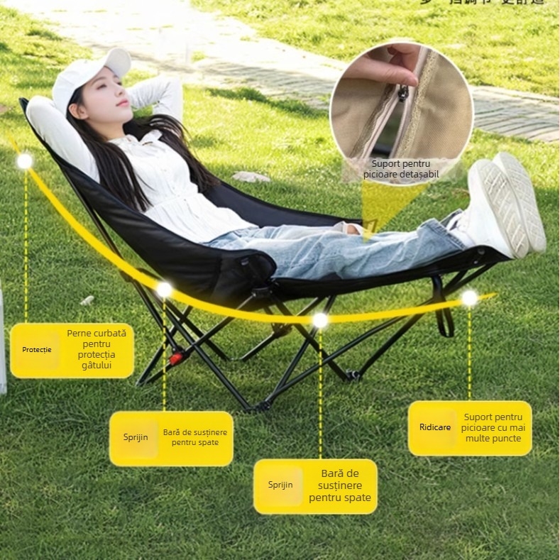 Moon Chair - scaun pliabil exterior, cadru din oțel cu carbon, spate reglabil în patru poziții, pernă din bumbac, pentru camping și plajă, portabil