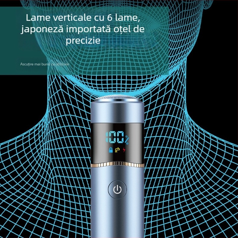 Aparat de ras electric cu cap rotativ, rezistent la apă, baterie încorporată 1200–2000mAh, autonomie peste 60 de minute, încărcare 1 oră, carcasă din aliaj de aluminiu