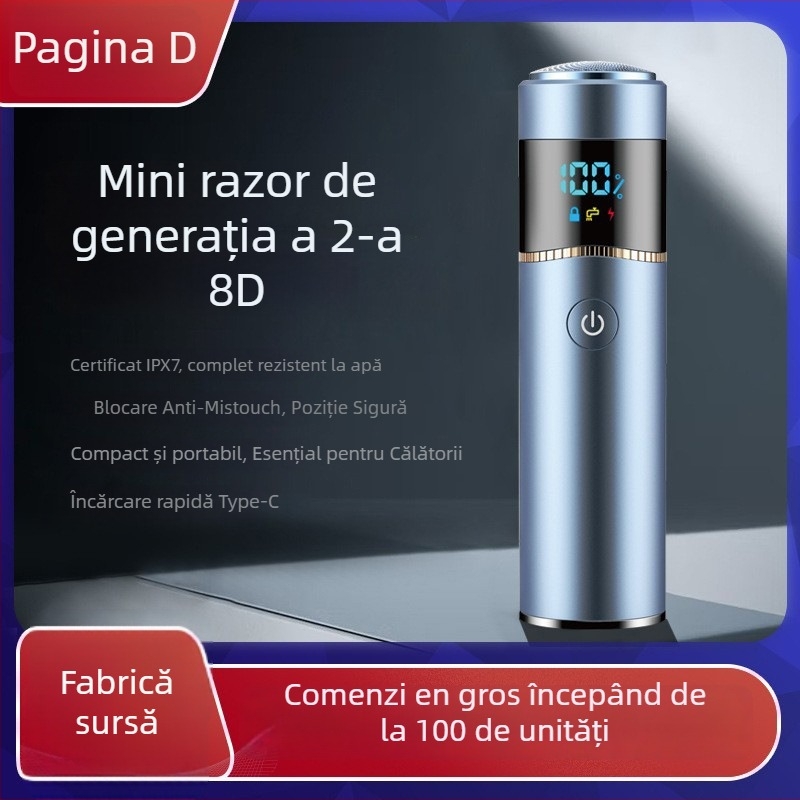Aparat de ras electric cu cap rotativ, rezistent la apă, baterie încorporată 1200–2000mAh, autonomie peste 60 de minute, încărcare 1 oră, carcasă din aliaj de aluminiu