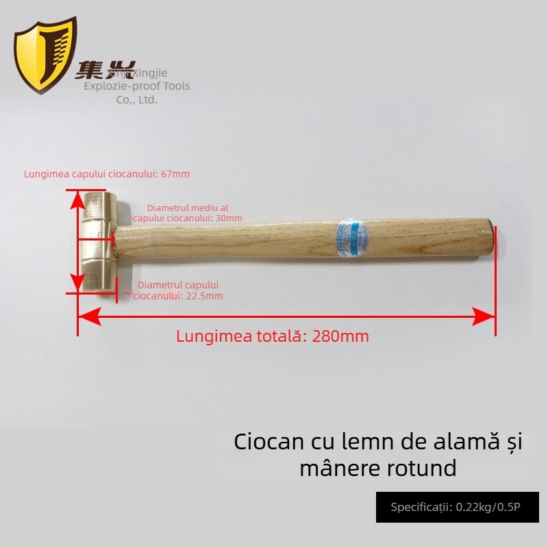 Ciocan din alamă cu cap rotund și mâner din lemn, fără scântei, pentru medii inflamabile