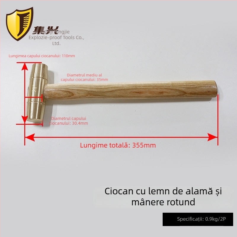 Ciocan din alamă cu cap rotund și mâner din lemn, fără scântei, pentru medii inflamabile