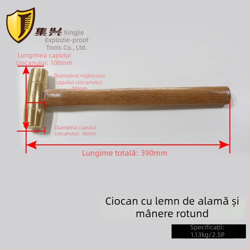 Ciocan din alamă cu cap rotund și mâner din lemn, fără scântei, pentru medii inflamabile