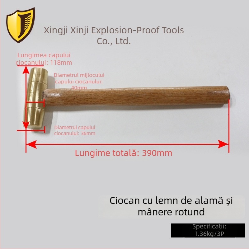 Ciocan din alamă cu cap rotund și mâner din lemn, fără scântei, pentru medii inflamabile