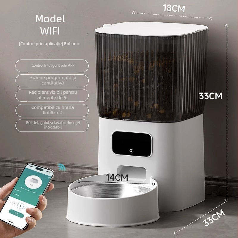 Hrănitoare automată pentru animale de companie, pentru pisici și câini, cu alimentare programată de la distanță, controlul porțiilor, monitorizare inteligentă și alerte vocale.