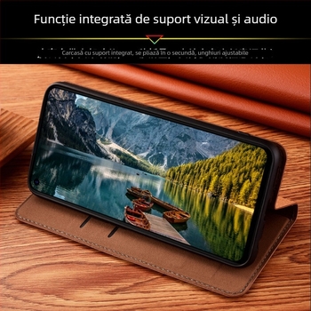 Carcasă flip din piele pentru seria Huawei Enjoy - piele autentică, embossare, suport, atracție magnetică, rezistență la cădere