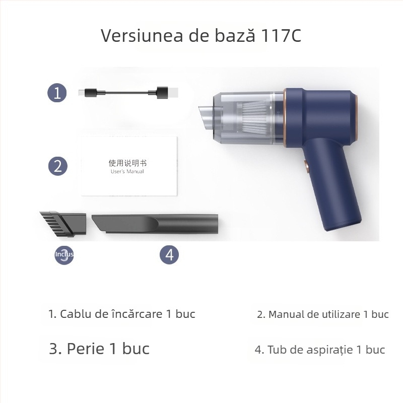 Aspirator auto fără fir, încărcare USB — 50W, aspirație 4100–5000 Pa, baterie încorporată 3000–4000 mAh, uscat, cap de perie pliabil pe colț