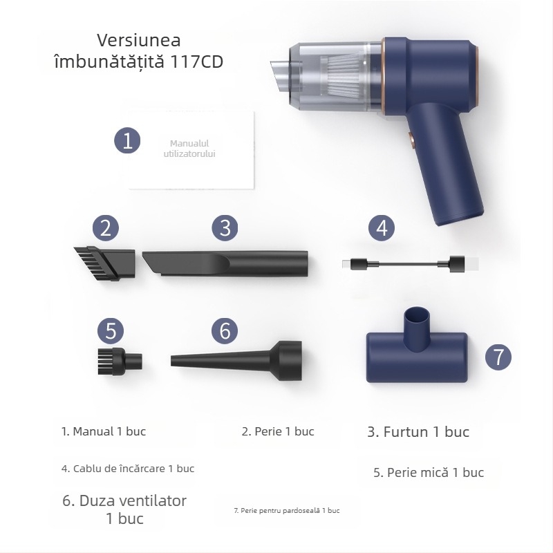 Aspirator auto fără fir, încărcare USB — 50W, aspirație 4100–5000 Pa, baterie încorporată 3000–4000 mAh, uscat, cap de perie pliabil pe colț