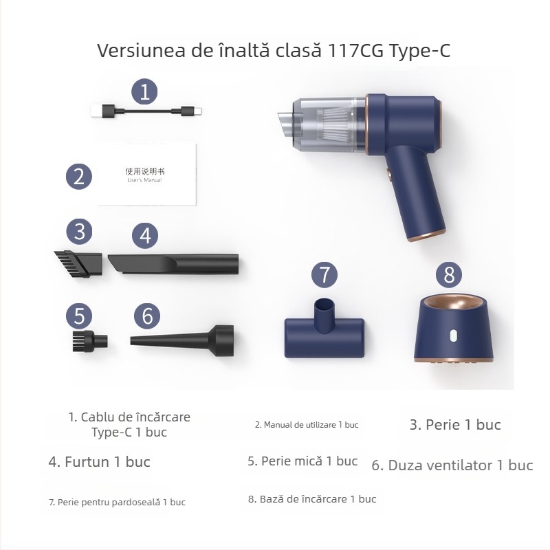 Aspirator auto fără fir, încărcare USB — 50W, aspirație 4100–5000 Pa, baterie încorporată 3000–4000 mAh, uscat, cap de perie pliabil pe colț