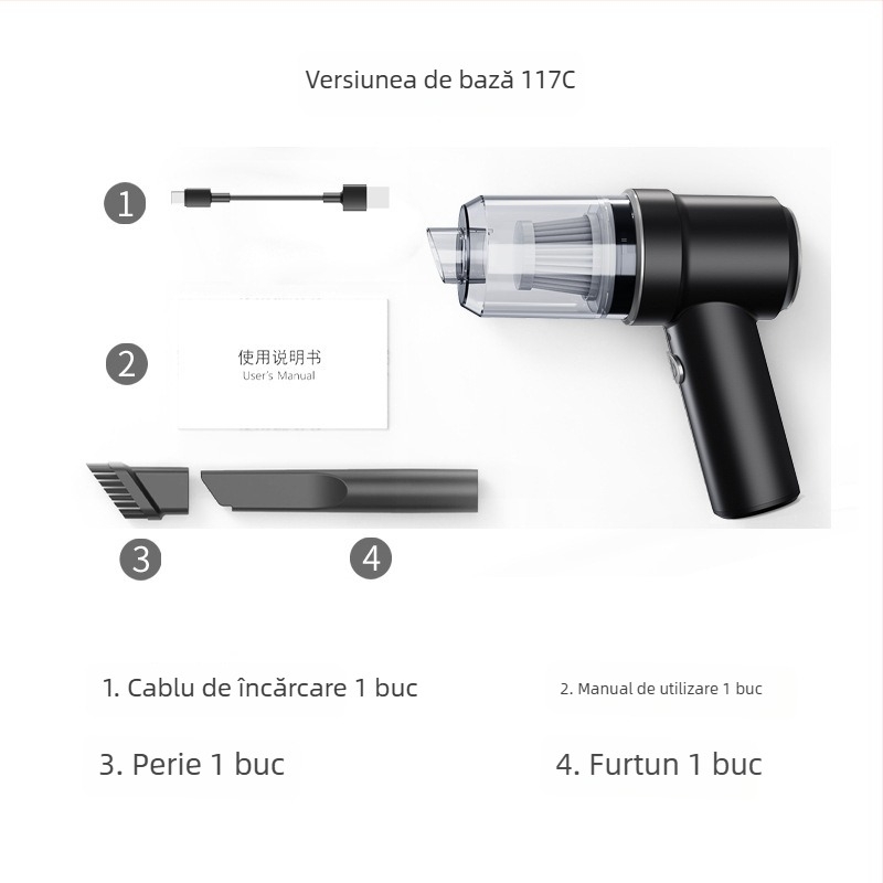 Aspirator auto fără fir, încărcare USB — 50W, aspirație 4100–5000 Pa, baterie încorporată 3000–4000 mAh, uscat, cap de perie pliabil pe colț