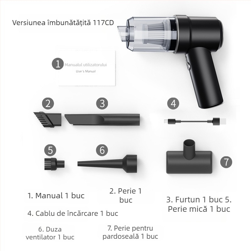 Aspirator auto fără fir, încărcare USB — 50W, aspirație 4100–5000 Pa, baterie încorporată 3000–4000 mAh, uscat, cap de perie pliabil pe colț