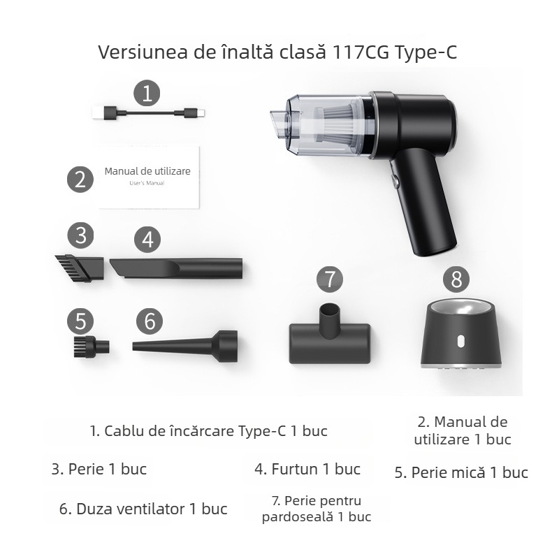 Aspirator auto fără fir, încărcare USB — 50W, aspirație 4100–5000 Pa, baterie încorporată 3000–4000 mAh, uscat, cap de perie pliabil pe colț
