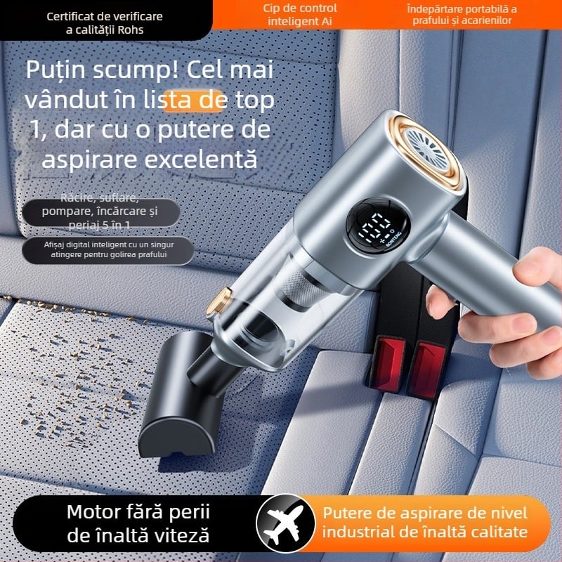 Aspirator fără fir pentru mașină și casă, cu afișaj digital – 5 în 1, aspirație puternică (4100-5000 Pa, 120 W, baterie încorporată 1601-2000 mAh, zgomot 46-70 dB)