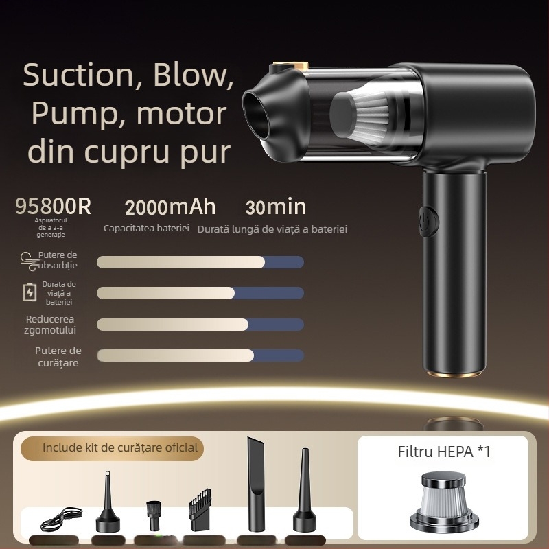 Aspirator fără fir pentru mașină și casă, cu afișaj digital – 5 în 1, aspirație puternică (4100-5000 Pa, 120 W, baterie încorporată 1601-2000 mAh, zgomot 46-70 dB)