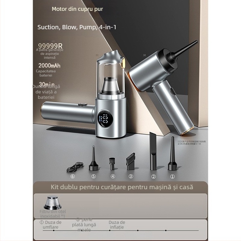 Aspirator fără fir pentru mașină și casă, cu afișaj digital – 5 în 1, aspirație puternică (4100-5000 Pa, 120 W, baterie încorporată 1601-2000 mAh, zgomot 46-70 dB)