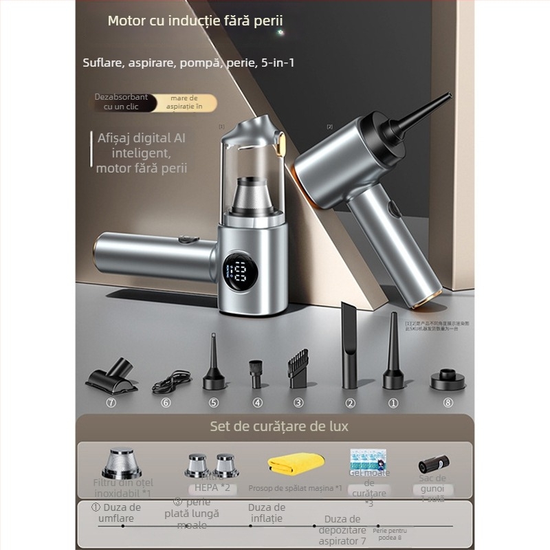 Aspirator fără fir pentru mașină și casă, cu afișaj digital – 5 în 1, aspirație puternică (4100-5000 Pa, 120 W, baterie încorporată 1601-2000 mAh, zgomot 46-70 dB)