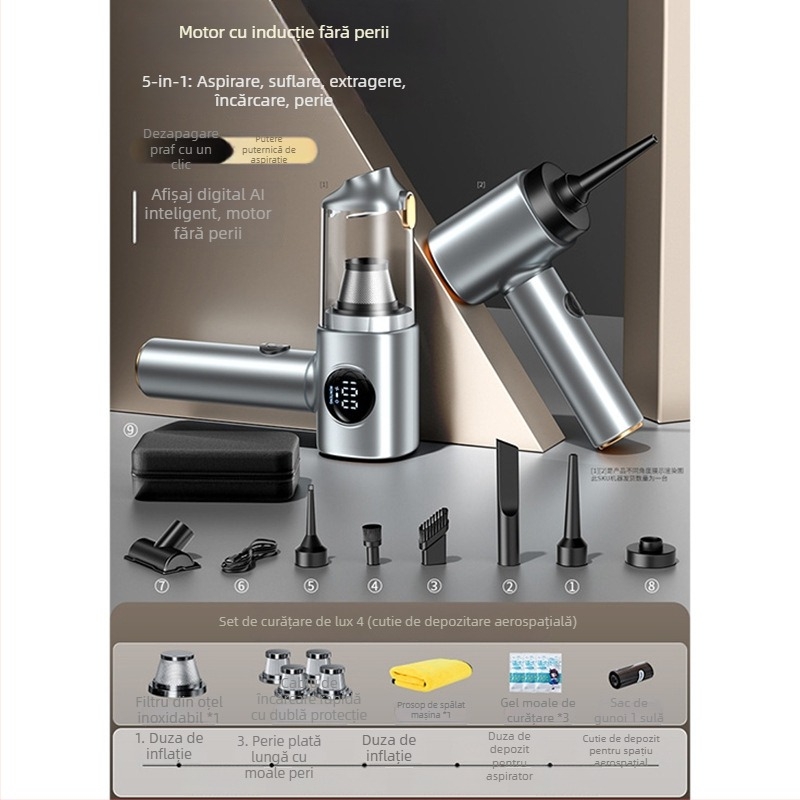 Aspirator fără fir pentru mașină și casă, cu afișaj digital – 5 în 1, aspirație puternică (4100-5000 Pa, 120 W, baterie încorporată 1601-2000 mAh, zgomot 46-70 dB)