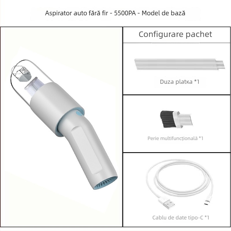 Aspirator auto wireless, mâner portabil cu duză plată, 80W, baterie încorporată 2000–2500 mAh, tensiune ≤36V, aspirație sub 10 kPa
