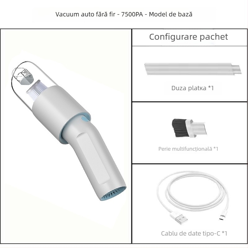 Aspirator auto wireless, mâner portabil cu duză plată, 80W, baterie încorporată 2000–2500 mAh, tensiune ≤36V, aspirație sub 10 kPa