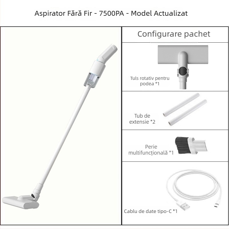 Aspirator auto wireless, mâner portabil cu duză plată, 80W, baterie încorporată 2000–2500 mAh, tensiune ≤36V, aspirație sub 10 kPa