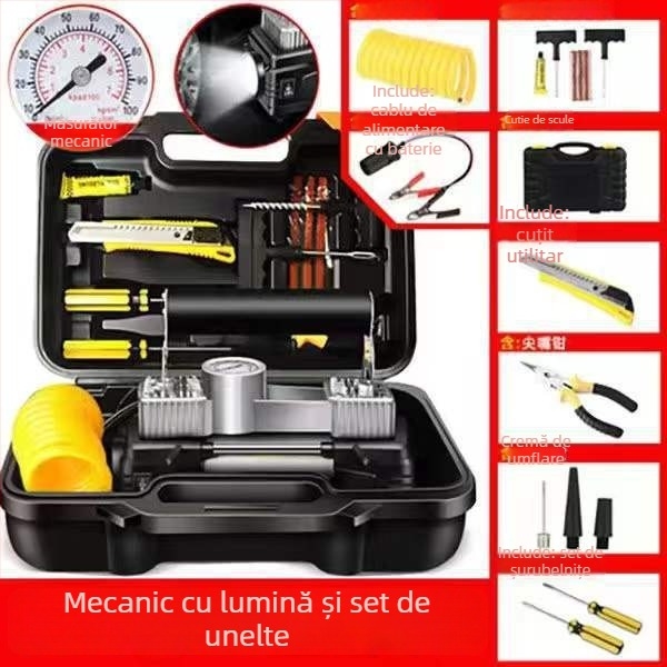 Pompa de aer pentru mașină, cu cilindru dublu, 12V/24V, 120W, furtun de 5 m, manometru
