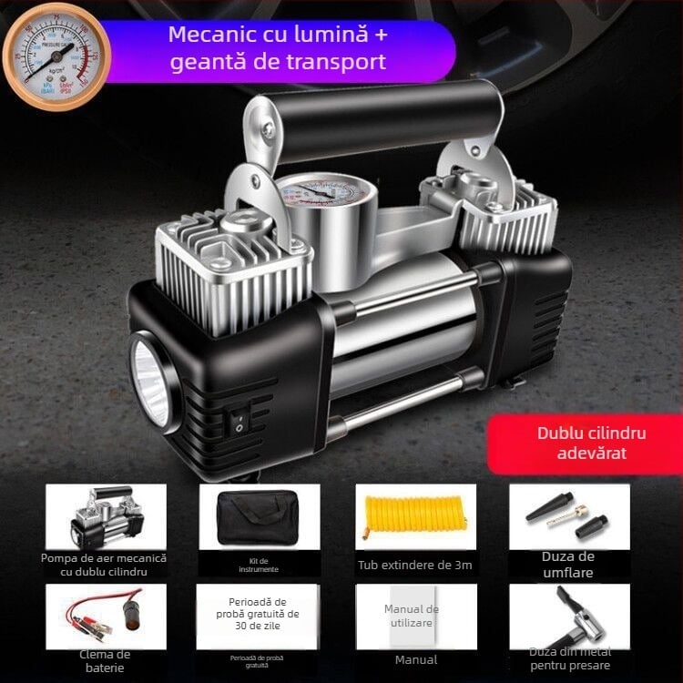 Pompa de aer pentru mașină, cu cilindru dublu, 12V/24V, 120W, furtun de 5 m, manometru
