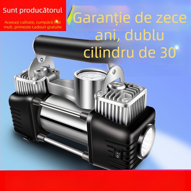Pompa de aer pentru mașină, cu cilindru dublu, 12V/24V, 120W, furtun de 5 m, manometru