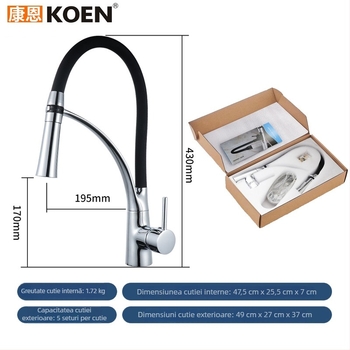 Robinet de bucătărie din cupru, electroplacat, retractabil, rotativ, cu apă caldă și rece, intrare/ieșire 20 mm