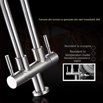 Robinet din oțel inoxidabil pentru bucătărie, 1 intrare și 2 ieșiri, conexiune în 3 căi pentru chiuveta de rufe și chiuvetă, diametrul țevilor 20 mm, nucleu ceramic al valvei, finisaj periat, model 5236