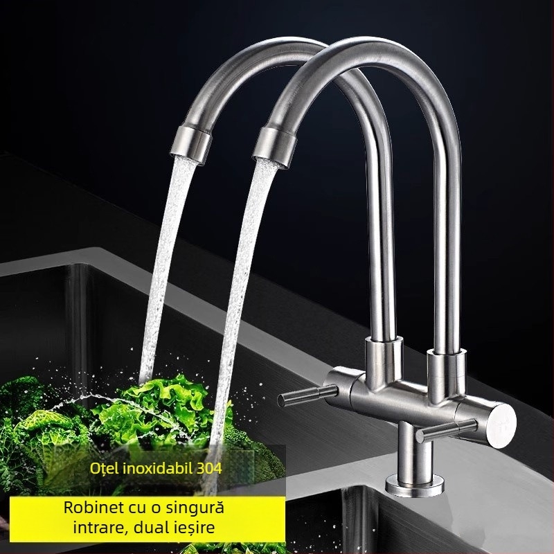 Robinet din oțel inoxidabil pentru bucătărie, 1 intrare și 2 ieșiri, conexiune în 3 căi pentru chiuveta de rufe și chiuvetă, diametrul țevilor 20 mm, nucleu ceramic al valvei, finisaj periat, model 5236