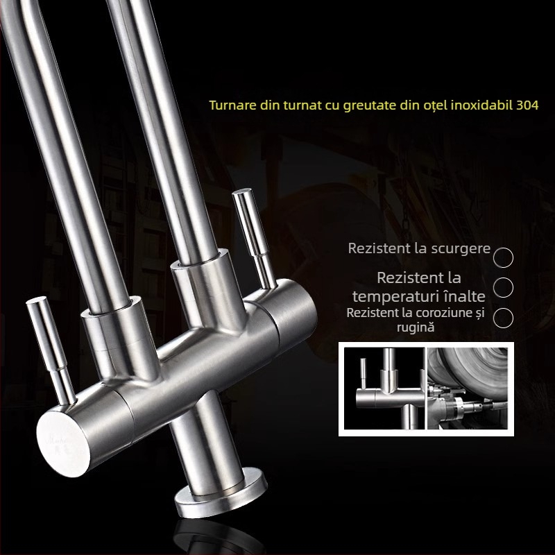 Robinet din oțel inoxidabil pentru bucătărie, 1 intrare și 2 ieșiri, conexiune în 3 căi pentru chiuveta de rufe și chiuvetă, diametrul țevilor 20 mm, nucleu ceramic al valvei, finisaj periat, model 5236