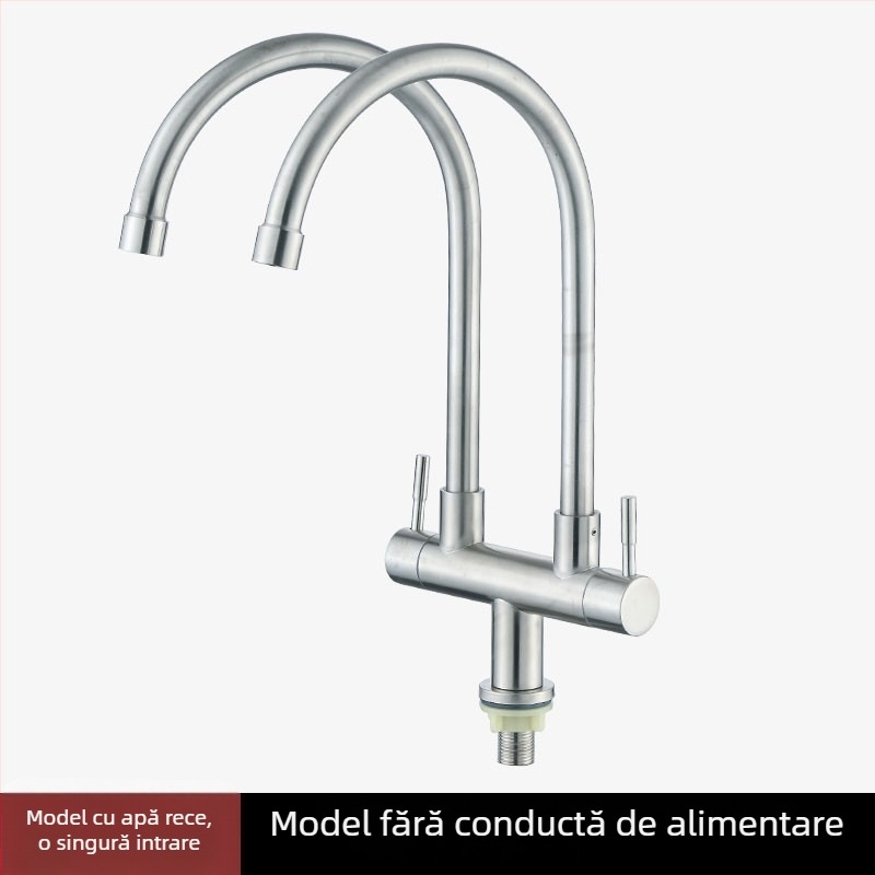 Robinet din oțel inoxidabil pentru bucătărie, 1 intrare și 2 ieșiri, conexiune în 3 căi pentru chiuveta de rufe și chiuvetă, diametrul țevilor 20 mm, nucleu ceramic al valvei, finisaj periat, model 5236