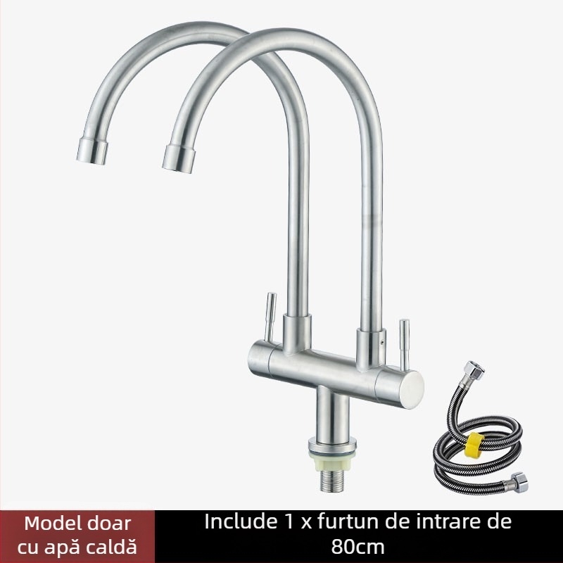 Robinet din oțel inoxidabil pentru bucătărie, 1 intrare și 2 ieșiri, conexiune în 3 căi pentru chiuveta de rufe și chiuvetă, diametrul țevilor 20 mm, nucleu ceramic al valvei, finisaj periat, model 5236