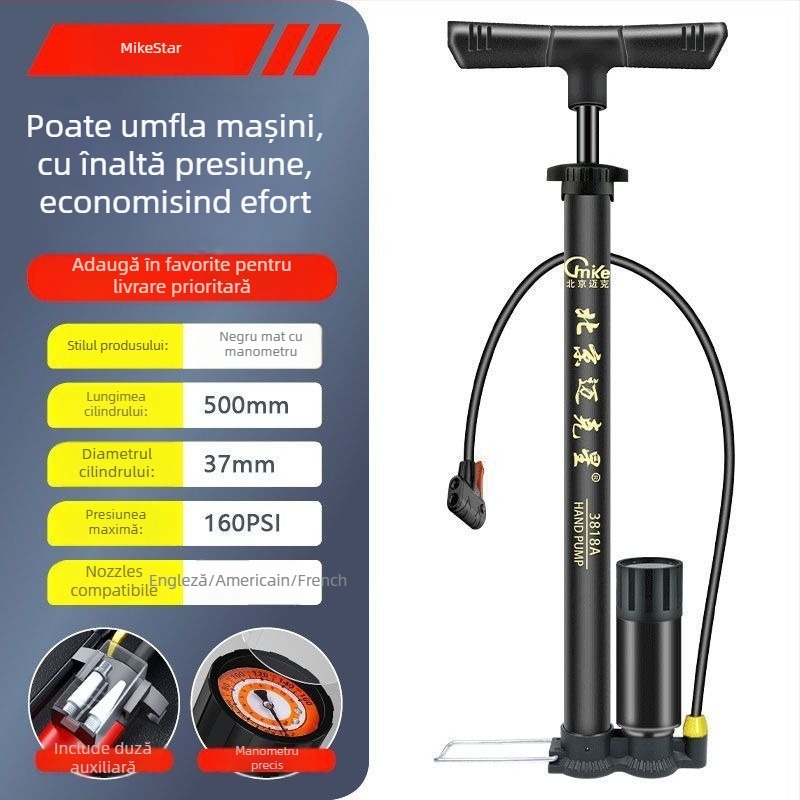 Pompa manuală de înaltă presiune pentru biciclete, motociclete și vehicule electrice — umflare rapidă, universală, pentru uz casnic