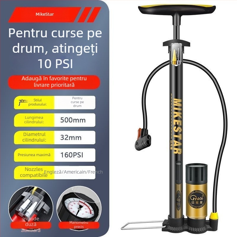 Pompa manuală de înaltă presiune pentru biciclete, motociclete și vehicule electrice — umflare rapidă, universală, pentru uz casnic
