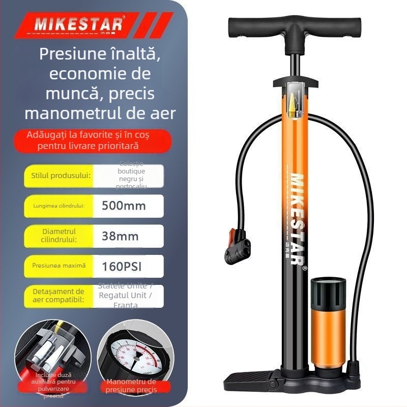 Pompa manuală de înaltă presiune pentru biciclete, motociclete și vehicule electrice — umflare rapidă, universală, pentru uz casnic