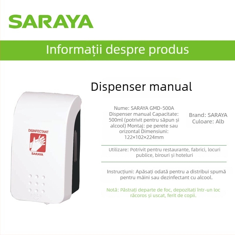 Dozator manual pentru dezinfectant de mâini GMD500, din plastic, acționare prin apăsare, design modern minimalist