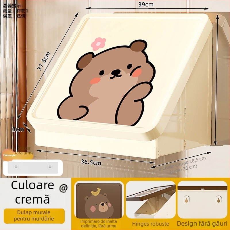 Dulap de baie din plastic, montat pe perete, pliabil, în stil desen animat, cu un singur raft