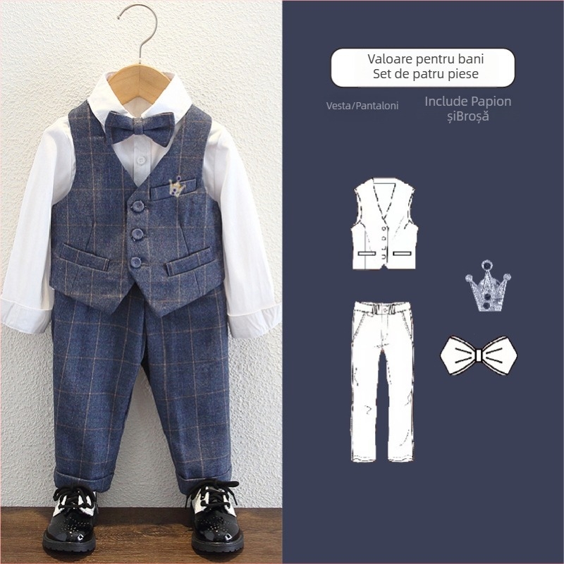 Costum pentru copii pentru băieți cu vestă și sacou, nasturi dubli, imprimeu în carouri, mâneci lungi, material poliester, căptușeală poliester, potrivit pentru toamnă-iarna-primăvară
