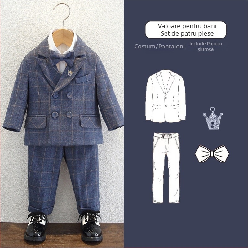 Costum pentru copii pentru băieți cu vestă și sacou, nasturi dubli, imprimeu în carouri, mâneci lungi, material poliester, căptușeală poliester, potrivit pentru toamnă-iarna-primăvară