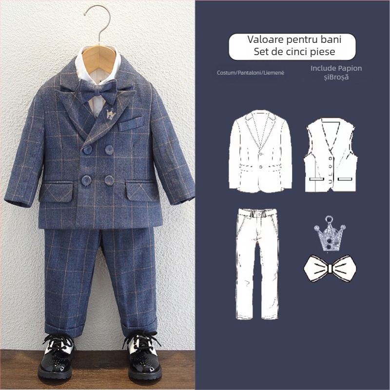 Costum pentru copii pentru băieți cu vestă și sacou, nasturi dubli, imprimeu în carouri, mâneci lungi, material poliester, căptușeală poliester, potrivit pentru toamnă-iarna-primăvară